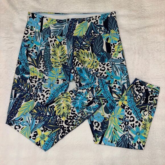 Calvin Klein Performance Womens Large Athletic Leggings Blue Green Abstract EUC - Picture 1 of 9